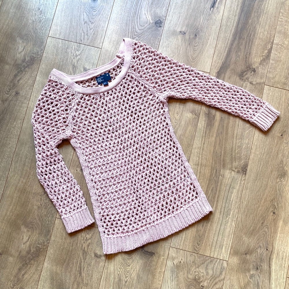 American Eagle cowl neck sweater open weave pink